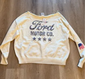Ford Motor Co Graphic Sweater Off Shoulder American Flag Patch White XXL thumbnail 1
