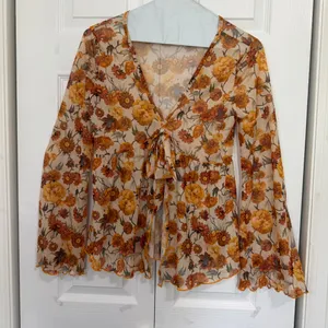 Floral Print V Neck Long Sleeve Bow Tie Front Sheer Blouse Top thumbnail 3