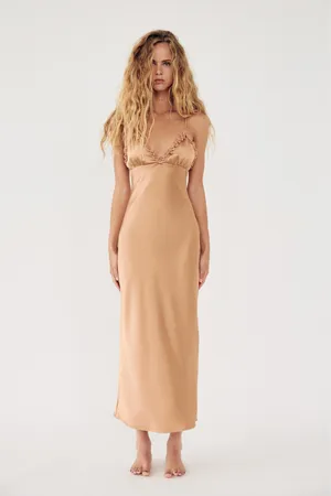 Zara maxi dress bodycon slip satin ruffle carmel evening wedding cocktail thumbnail 16