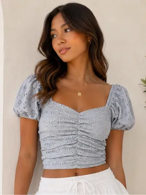 Milk & Honey 🥛 🍯 - Ruched Eyelet Puff-Sleeve Crop Top in Light Blue thumbnail 1
