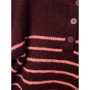 Primark Womens Henley‎ Striped Ribbed Knit Wool Blend Sweater Burgundy Pink L thumbnail 6