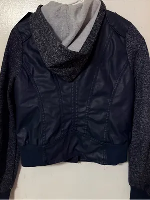New Look Navy Faux Leather Jacket with Gray Knit Sleeves and Hood thumbnail 3