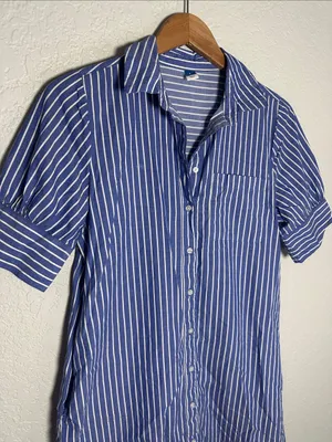 Old Navy Blue White Striped Button Front Shirt Dress Preppy Coastal Nautical thumbnail 2