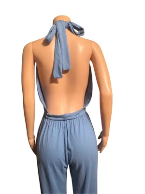 Shein blue plunge halter neck wide leg jumpsuit XL thumbnail 6