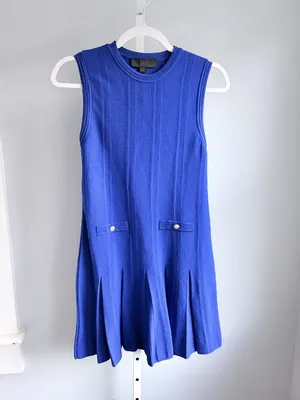 Zara Cobalt Blue Knit Sleeveless Pleated Mini Dress Mod Drop Waist Size S thumbnail 2