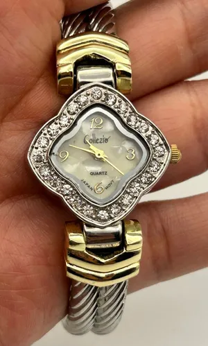 Collezie Two-tone Mother Pearl Dial Crystal Bezel Womens Cuff Watch New Battery thumbnail 1