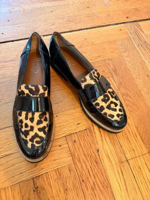 Franco Sarto Coen Black Patent Leather Leopard Print Loafers Workwear Business 8 thumbnail 2