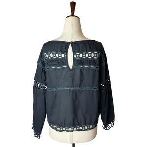 Pam &‎ Gela Shirt Women Small Black Cotton Crochet Lace Top Boho Peasant Gothic thumbnail 3