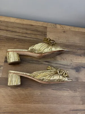 Loeffler Randall Penny Pleated Knotted Bow Heeled Mules Sandals Gold thumbnail 9
