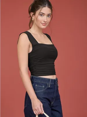 MESH SQUARE NECK RUCHED KNIT CROP TOP Black Size Small thumbnail 2