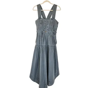 Ulla‎ Johnson Enzo Denim Dress Blue Cotton Tiered Midi Sweetheart Neck Size 4 thumbnail 4