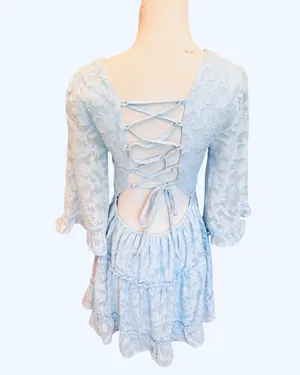 Miss Selfridge ASOS Light Blue Lace Mini Dress Lace Up Back Tiered 6 S thumbnail 4