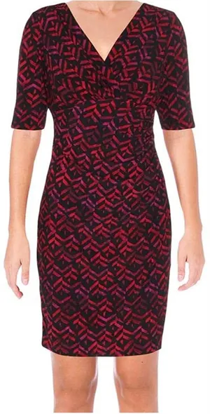 Lauren Ralph Lauren Red and Black V-Neck Midi Sheath Dress thumbnail 1