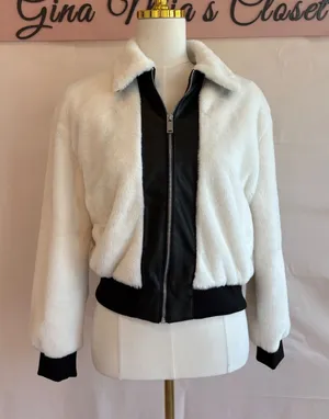 Vigoss Women's Small White Faux Fur Bomber Jacket with Black Trim thumbnail 1