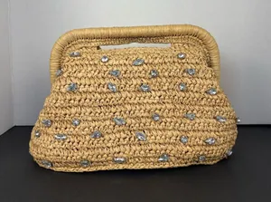 Kelly & Katie Straw Clutch Bag in Natural with crystal embellishments thumbnail 1