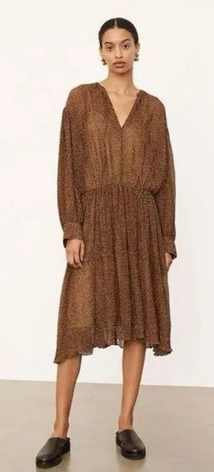 Vince Starry Dot Womens Dress M Medium Brown Long Sleeve Shirred Midi‎ $495 thumbnail 1