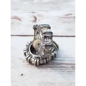 Vintage Clip On Earrings - Elongated Thick Hoops with Gems - Tarnished thumbnail 9