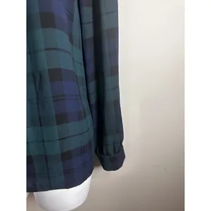 J.Crew Womens Black Watch Plaid Pleated Long Sleeve Blouse Green‎ Navy Blue M thumbnail 4