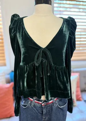 Maeve Anthropologie Green Velvet Puff Sleeve Tie Front Peplum Top Small thumbnail 1