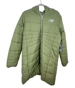 New Balance Women Puffer Jacket Forest Green Hooded Water Wind‎ Resistant XL thumbnail 1