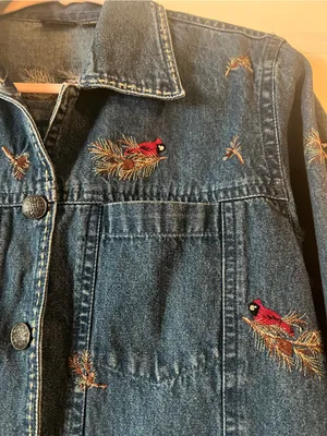 Vintage Jean Jacket Embroidered Birds Denim Blue Large Retro Grandma thumbnail 3