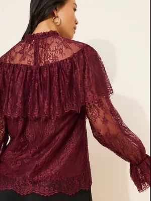 Anthropologie Endless Rose Ruffled Lace Blouse Romantic Feminine Burgundy Top L thumbnail 10