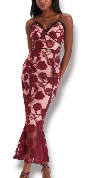 Lulus Alluring Dream Burgundy Floral Mesh Lace Trumpet Midi Dress Large Romantic thumbnail 1
