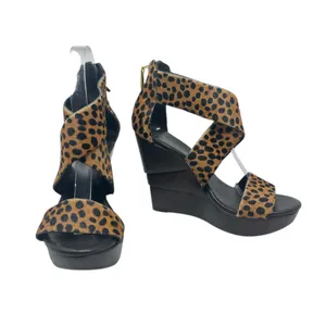 Diane von Furstenberg Opal Wedge Sandals Leopard Leather Calf Hair Brown‎ Size 8 thumbnail 3