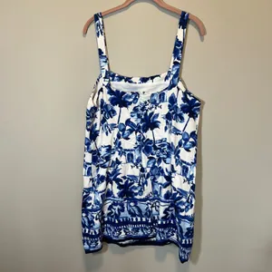 LOFT Blue White Mediterranean European Toile Linen Blend Mini Dress Palm Tree 14 thumbnail 5