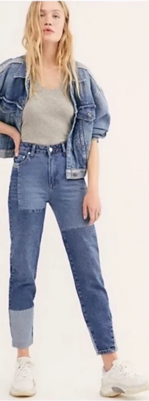 We The Free Patchwork Two-Tone Blue High-Waisted Mom Jeans thumbnail 1