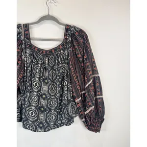 Free People Womens Top Gray Mostly Meadow Blouse Aztec Babydoll Boho Medium thumbnail 9