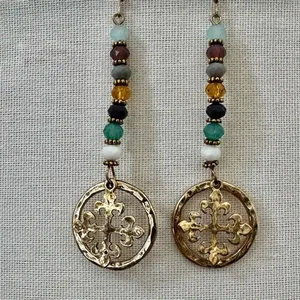 Boho Beaded Dangle Earrings w/ Gold Medallion thumbnail 2