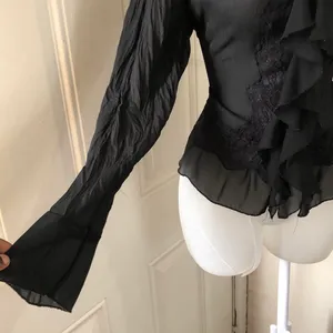 Whimsygoth gothic grunge steampunk Black lace & ruffle button shirt blouse top long flare sleeves office siren core dark academia Y2K thumbnail 2