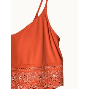 Women’s Tankini Swim Top Coral Pink Eyelet Lace Ruffle Padded Strappy 14” thumbnail 5