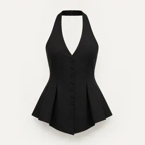 Reformation | Auli Halter Wool-Blend Peplum Vest Top in Black | size 2 thumbnail 9