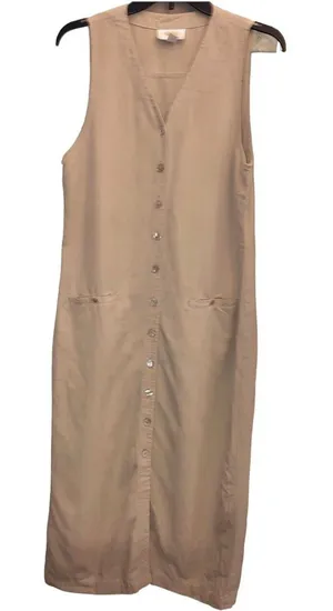 Talbots Linen Blend Button Front V Neck sleeveless Dress‎ Tan 4 Petite thumbnail 1