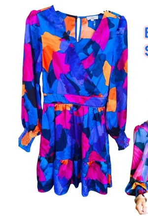Entro Small Abstract Satin Mini Dress Women Bubble Hem and Sleeve Dance Party thumbnail 1