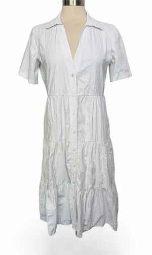 STRADIVARIUS Tiered Short-Sleeve‎ Midi Shirt Dress in White, Medium thumbnail 1