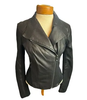 Women's S Andrew Marc New York Womens Black Leather Off Center Zip Jacket Coat p thumbnail 1