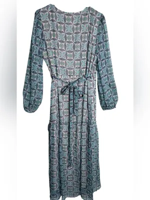 Lovestitch Rio Blue Patterned Maxi Wrap Dress Size L EUC Boho Chiffon thumbnail 7