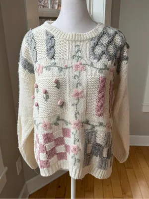 Vintage 90 Cape Cod Floral Patchwork Crewneck Sweater Pink Gray Embroidery thumbnail 8