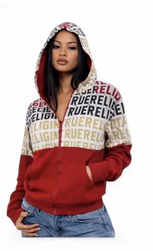 True Religion Y2K Hoodie Women XL Full Zip Logo AOP Streetwear Red Gold Graphic thumbnail 1