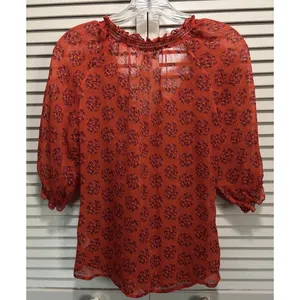 Old Navy Blouse Size‎ XS Orange/Purple Floral Tie/Smocked Neck 1/2 Puff Sl Sheer thumbnail 7