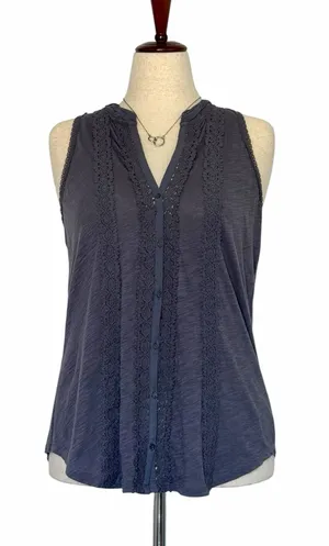Meadow Rue Anthropologie Sz M Gray Sleeveless Blouse Crochet Lace Trim Cotton Top⁠ thumbnail 3