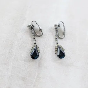 Vintage Clip On Earrings Clear Gems with Black Gem Drop Dangle Regal Stylish thumbnail 4