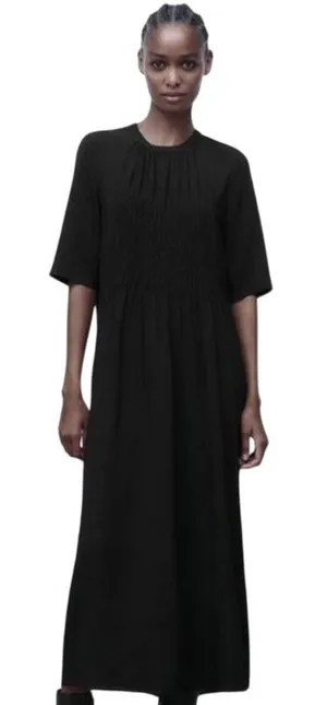 Zara Women's Short Sleeve Smocked Pleated Midi Dress Black Size M thumbnail 1