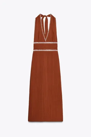 Zara Sleeveless V-Neck Brown Cotton Bohemian Maxi Dress thumbnail 4