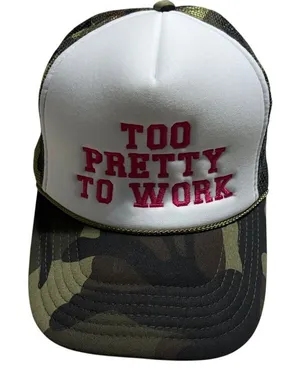 "Too Pretty To Work" Trucker Hat Camo Embroidered Pink One-Size Snapback Funny thumbnail 1