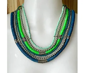 Vintage Blue and Green Multi Strand Necklace, Teal Bead Six Strand Necklace thumbnail 3