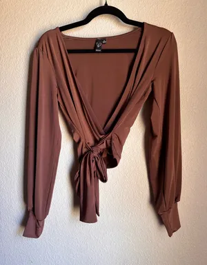 Brown long sleeve wrap top western boho party thumbnail 1